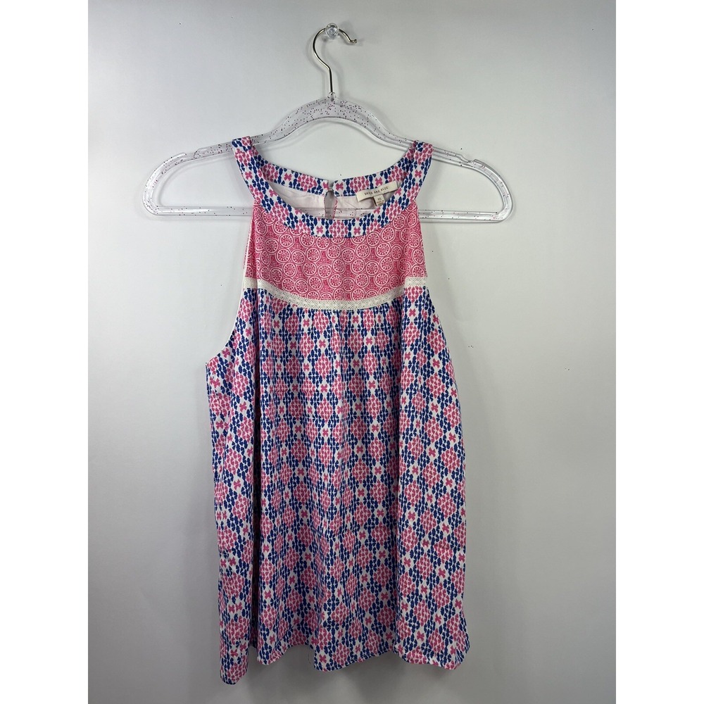 Skies are Blue Tank Top Women's Size XS Pink/Blue/White Back Keyhole Button/Loop